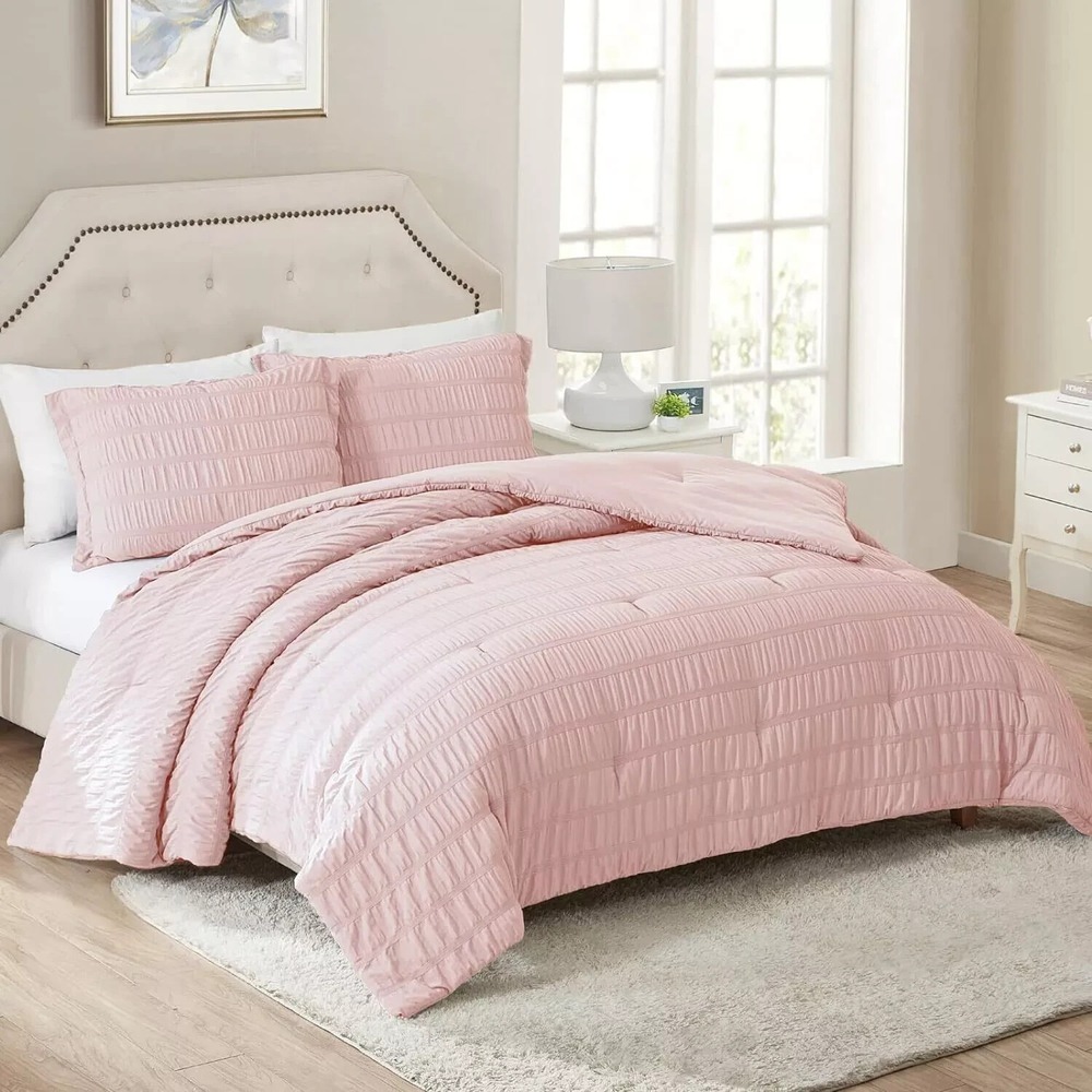 Pink Seersucker Comforter Set King Size (104X90 In), 3 Pieces Crinkle